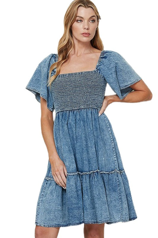 32 SSS {Pure Charm} Denim Blue Smocked Dress w/Ruffle Hem PLUS SIZE 1X 2X 3X