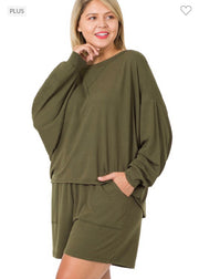 21 SET-G {The Good Life} Olive  Long Sleeve Short Set PLUS SIZE 1X 2X 3x