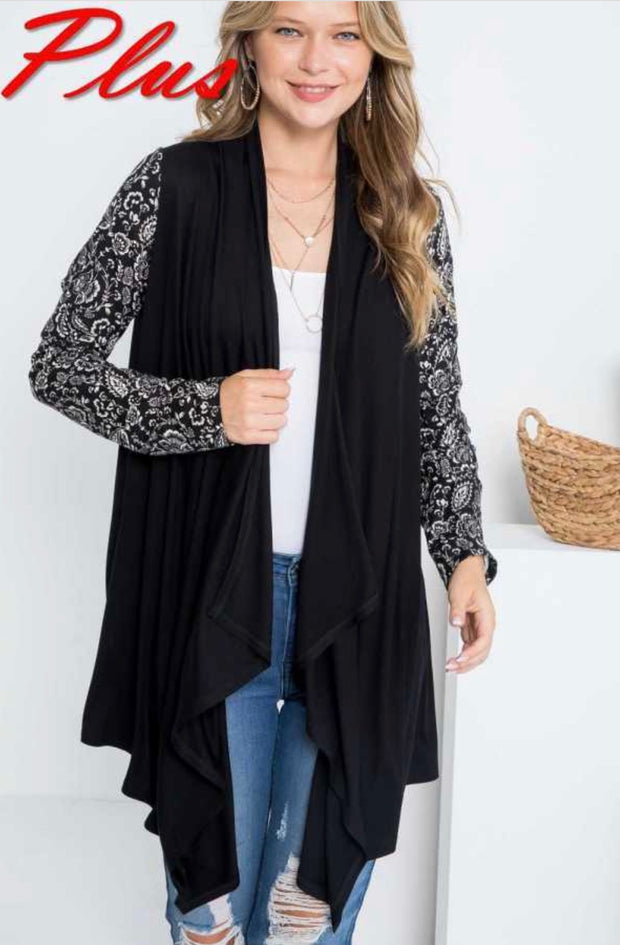 26 OT-C {Hidden Agenda} Black Cardigan W/Printed Sleeves PLUS SIZE 1X 2X 3X