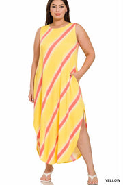 SALE!! LD-R [Big Adventure} Yellow Stripe Print Maxi Dress PLUS SIZE 1X 2X 3X