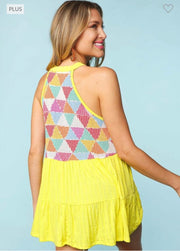 77 SV {Loving The Sun} Yellow/Triangle Print Tiered Top PLUS SIZE XL 2X 3X