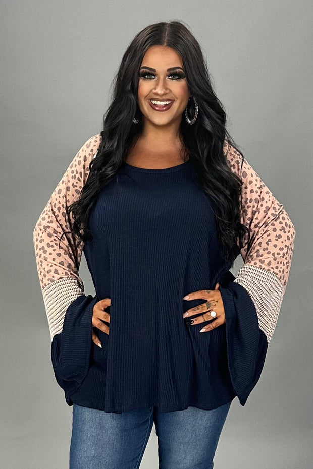 SALE!! 12 CP {Bringing Fun Back} Navy Ribbed Top w/Leopard Sleeves PLUS SIZE XL 2X 3X