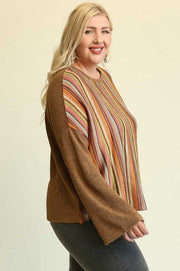 SALE! 13 PLS {More Than Extra} Brown Sweater Top w/Stripes PLUS SIZE XL 1X 2X