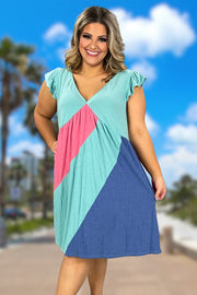 94 PSS-U {Lattes First} Mint Color Block V-Neck Dress PLUS SIZE 1X 2X 3X