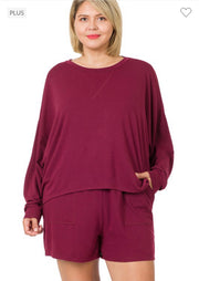 SALE!! 21 SET-E {The Good Life} Burgundy Long Sleeve Short Set PLUS SIZE 1X 2X 3X