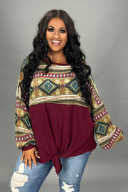 25 CP {The Desert Calls} Burgundy Tribal Print Front Tie Top PLUS SIZE XL 2X 3X