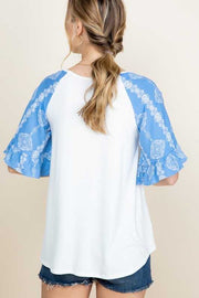 84 CP-E {Dreaming Of Love} Ivory/Denim Blue Print Top PLUS SIZE 1X 2X 3X