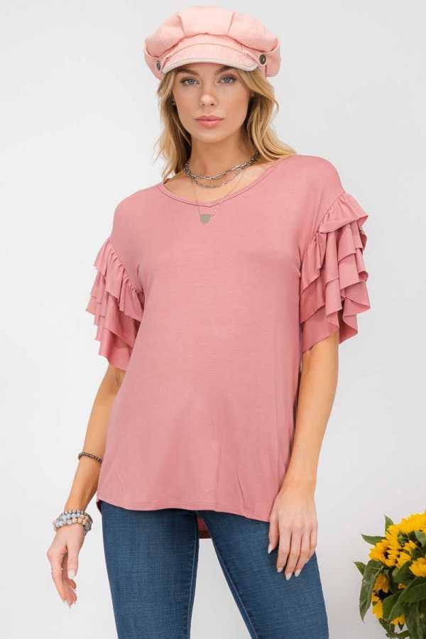 32 SSS-M {Keeping Close} Cinnamon Ruffle Sleeve Top PLUS SIZE XL 2X 3X