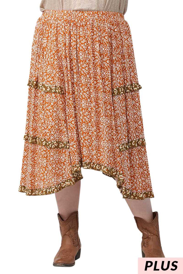 BT-G  {Tied Up In Flowers} Rust Floral Skirt PLUS SIZE XL 1X 2X