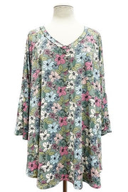 SALE!! 20 PQ-H {Explore My Garden} Sage Floral V-Neck Top PLUS SIZE XL 2X 3X