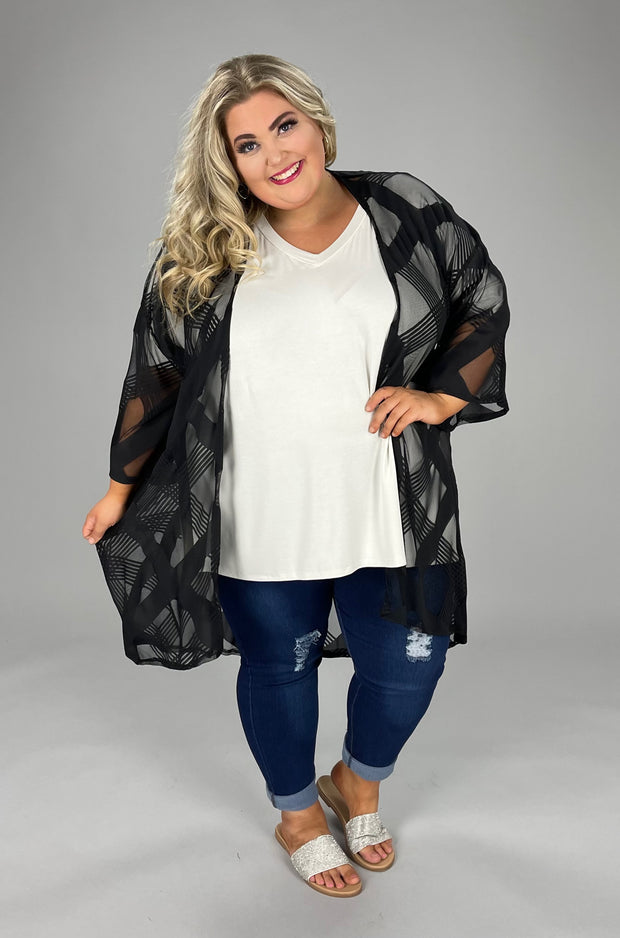 74 OT-A {Sweet Loyalty} Black Sheer Cross Print Kimono PLUS SIZES 1X 2X 3X