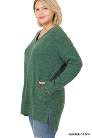 56 SLS-J {Cozy Nights} Hunter Green V-Neck Top  PLUS SIZE 1X 2X 3X