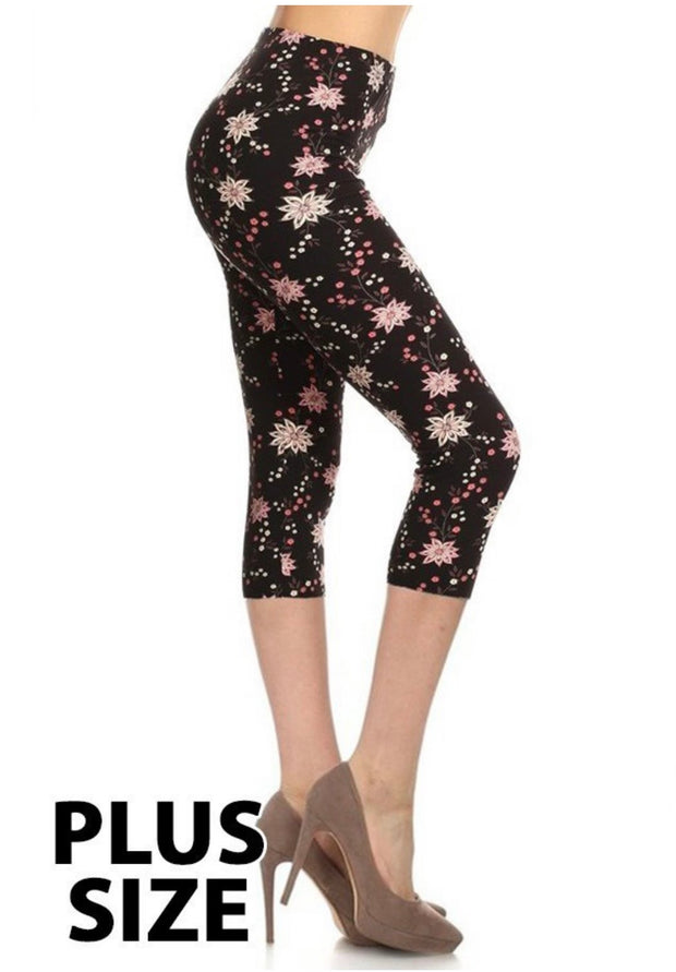 LEG-T {Beautifully Basic) Black Floral Butter Soft YOGA  Banded Leggings PLUS SIZE