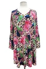 30 PQ {Tropic Dreams} Pink/Green Leaf Print V-Neck Tunic EXTENDED PLUS SIZE 3X 4X 5X