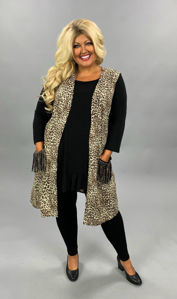 SALE!! OT-Y{Winding Down} Leopard Vest Black Stud Fringe Pockets