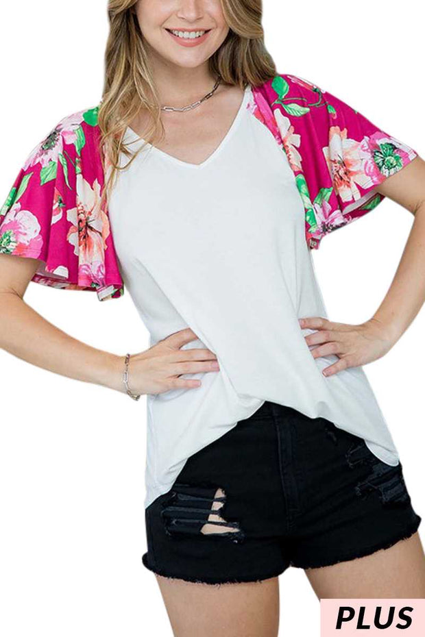 SALE!! 25 CP-D {Floral Flares} Ivory/Fuchsia Floral Print Top PLUS SIZE XL 2X 3X