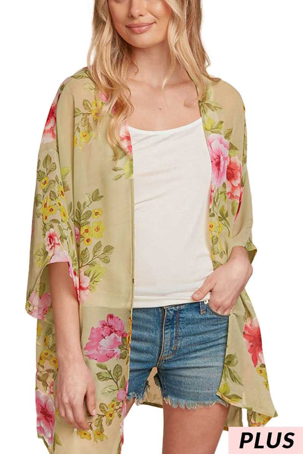 11 OT-P {Wave To You} Sage Floral Kimono PLUS SIZE 1X 2X 3X