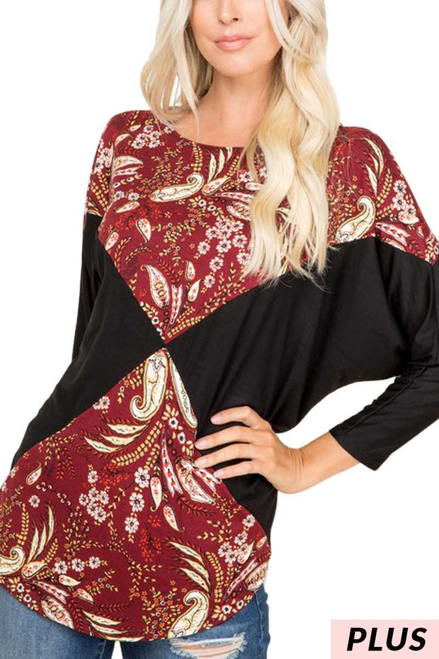 SALE!! CP-P {Harvest Blessing}  Maroon Black Paisley Print Top PLUS SIZE XL 2X 3X