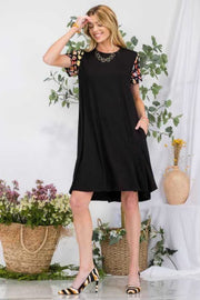 36 CP-A {Stroll Around Town} Black Dress W/Printed Sleeve PLUS SIZE 1X 2X 3X