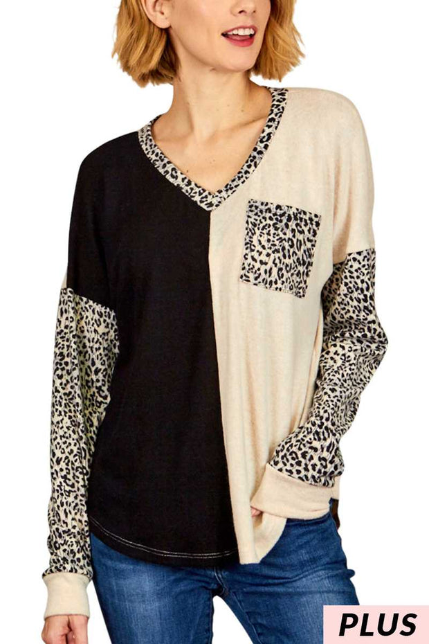 32 CP {Brand New Feeling} Beige/Black Leopard V-Neck Top PLUS SIZE XL 2X 3X