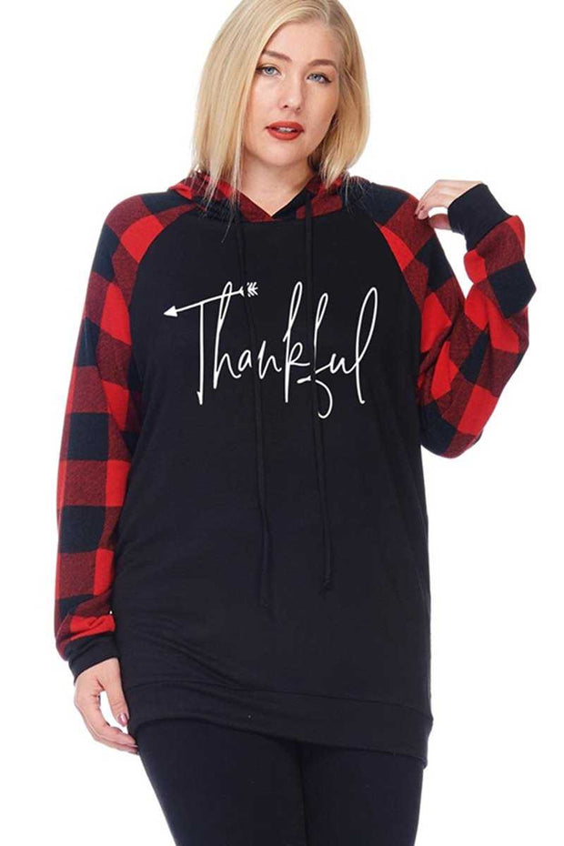 21 HD-T   {Always Thankful} Red Plaid  "Thankful" Hoodie PLUS SIZE XL 2X 3X