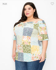 52 PSS-A {Anticipating Love} Multi-Color Print  Smocked Neck Top PLUS SIZE XL 2X 3X