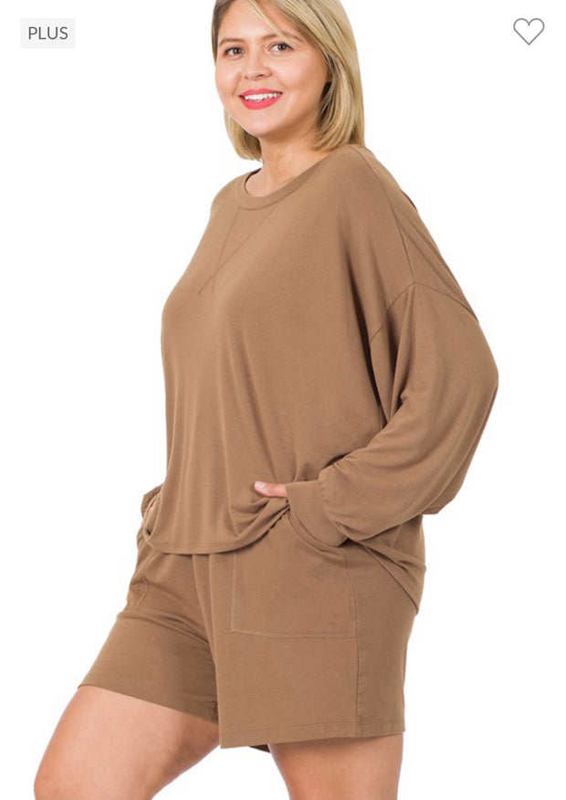 SALE!! 21 SET-I {The Good Life} Camel Long Sleeve Short Set PLUS SIZE 1X 2X 3X