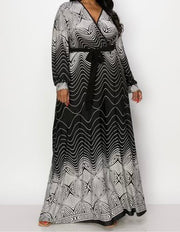 SALE!! LD-N {Highlight The Good} Black/White Print V-Neck Maxi Dress PLUS SIZE 1X 2X 3X