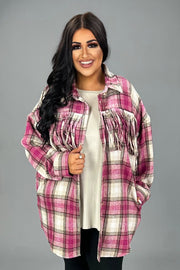 16 OT {Plaid Perfect} Magenta Plaid Cardigan w/Fringe PLUS SIZE 1X 2X 3X