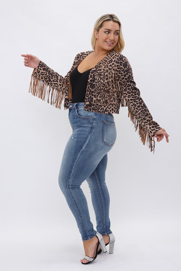 27 OT {Wandering Thoughts} VOCAL Leopard Print Jacket w/Fringe PLUS SIZE XL 2X 3X