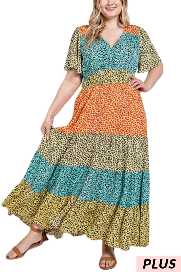 SALE!! LD-D {Playing It Safe} Multi-Color Floral Tiered Dress PLUS SIZE XL 1X 2X