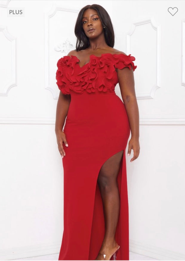 SALE!! LD-M {Height Of Fame} Red Ruffle Maxi Dress w/Slit PLUS SIZE XL 2X 3X