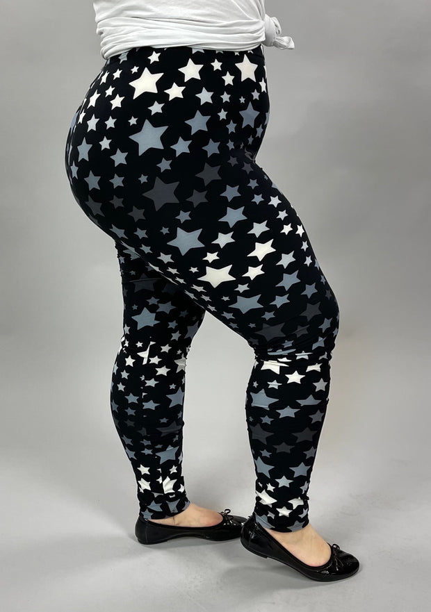 LEG-O {In The Stars}  Black Star Print Leggings EXTENDED PLUS SIZE 3X/5X