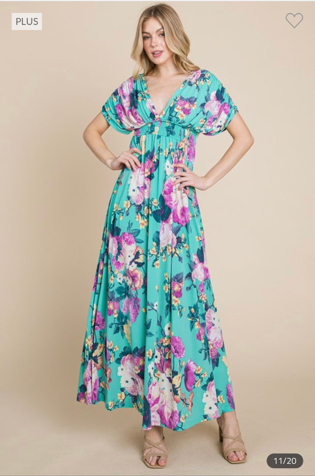 LD-F {Mellow Moment} Emerald Floral Smocked Maxi Dress PLUS SIZE 1X 2X 3X