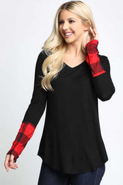 66 CP-A {Something Good} Black V-Neck Top w/Red Plaid Sleeve  PLUS SIZE 1X 2X 3X