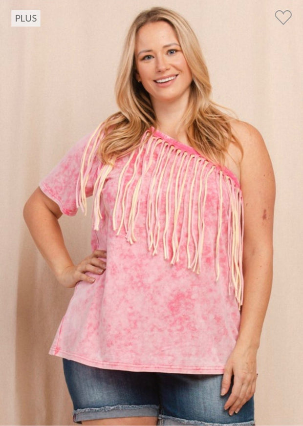 87 OS-A {Honey Punch}  Washed Fuchsia Double Fringed Top PLUS SIZE 1X 2X 3X