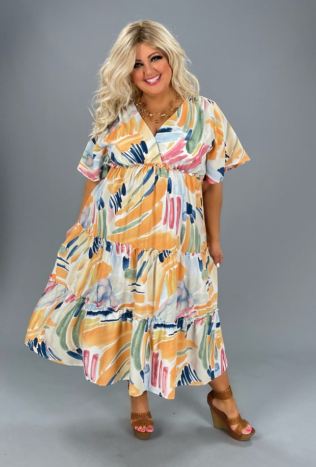 LD-M {Art Inspiration} Umgee Tangerine Tiered Midi Dress PLUS SIZE XL 1X 2X