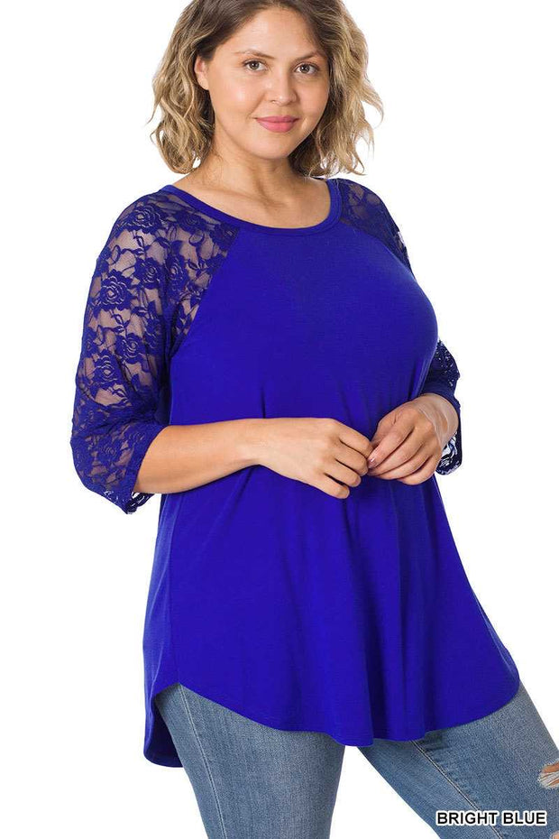 63 CP-A {Take Me To The Top} Bright Blue Lace Sleeve Top PLUS SIZE 1X 2X 3X