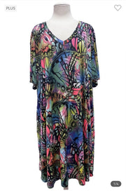 75 PSS-U {Hoping To Fly} Blue Green Butterfly V-Neck Dress  EXTENDED PLUS SIZE 1X 2X 3X 4X 5X