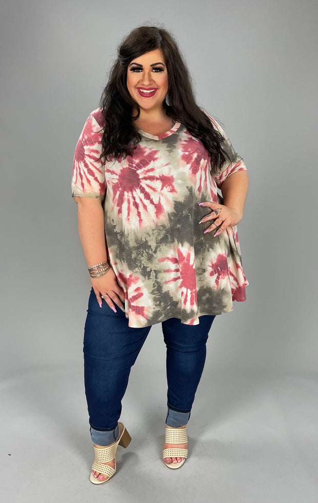 SALE!!  85 PSS-A {Sweet As Pie} Olive/Rose Red Tie Dye Tunic PLUS SIZES XL 2X 3X