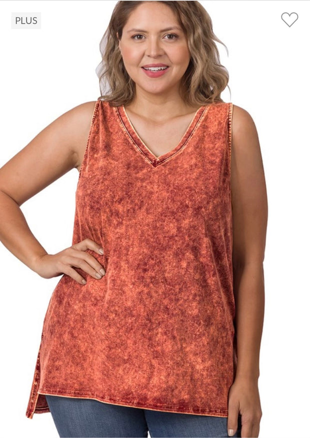 44 SV-E {Ease Along} Brick Mineral Wash Sleeveless Top PLUS SIZE 1X 2X 3X