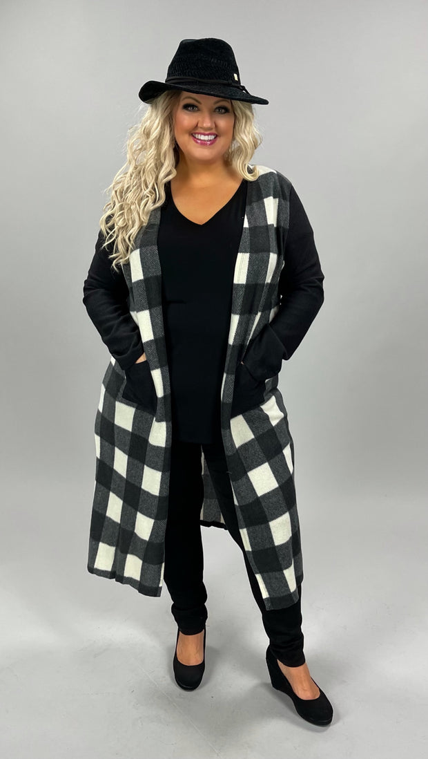 35 OT-A {Keep Me Honest} Black/Ivory Plaid Long Cardigan Plus Size  1X 2X 3X