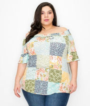 52 PSS-A {Anticipating Love} Multi-Color Print  Smocked Neck Top PLUS SIZE XL 2X 3X