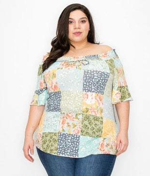 52 PSS-A {Anticipating Love} Multi-Color Print  Smocked Neck Top PLUS SIZE XL 2X 3X