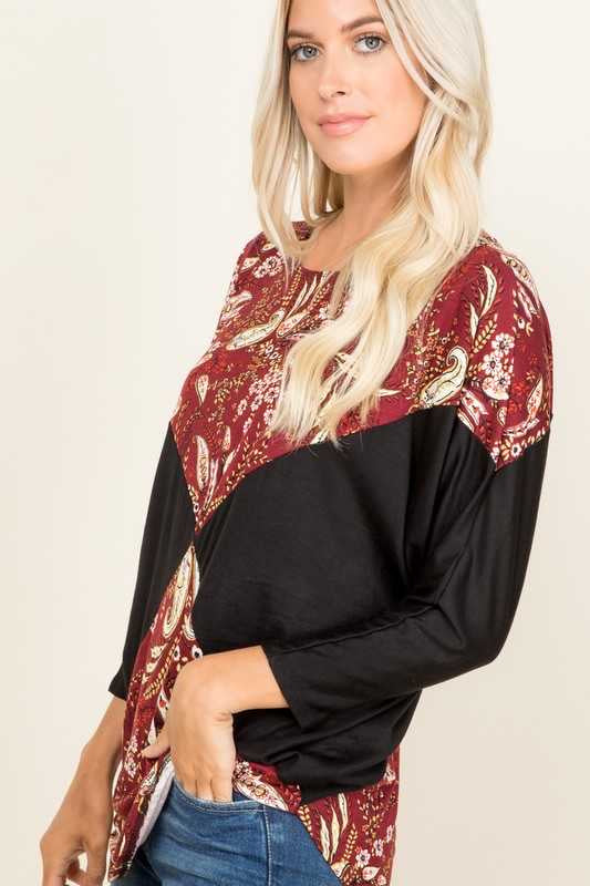 SALE!! CP-P {Harvest Blessing}  Maroon Black Paisley Print Top PLUS SIZE XL 2X 3X