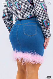 SALE!! BT-P {Better In Pink} Dk. Stretch Denim Skirt w/Pink Feather Hem PLUS SIZE XL 2X 3X