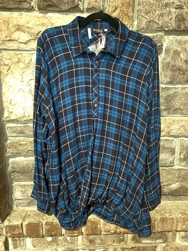 SALE!! PLS-H Admiral/Navy Plaid Overlap Button V-Neck SALE!!