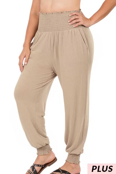 SALE!! BT-99 {Going Anywhere} Ash Mocha Smocked Cuff Jogging Pants PLUS SIZE 1X 2X 3X