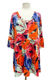 14 PSS-O {Going Leafy} Red/Orange Print V-Neck Babydoll Top EXTENDED PLUS SIZE 3X 4X 5X