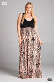 SALE!! LD-Q {Queen Of The Ball} Black/Peach Print Maxi Dress PLUS SIZE 1X 2X 3X